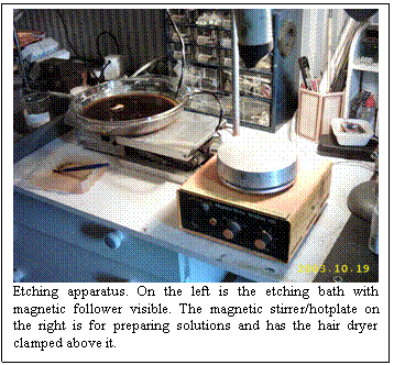 Text Box:  
Etching apparatus. On the left is the etching bath with magnetic follower visible. The magnetic stirrer/hotplate on the right is for preparing solutions and has the hair dryer clamped above it.
